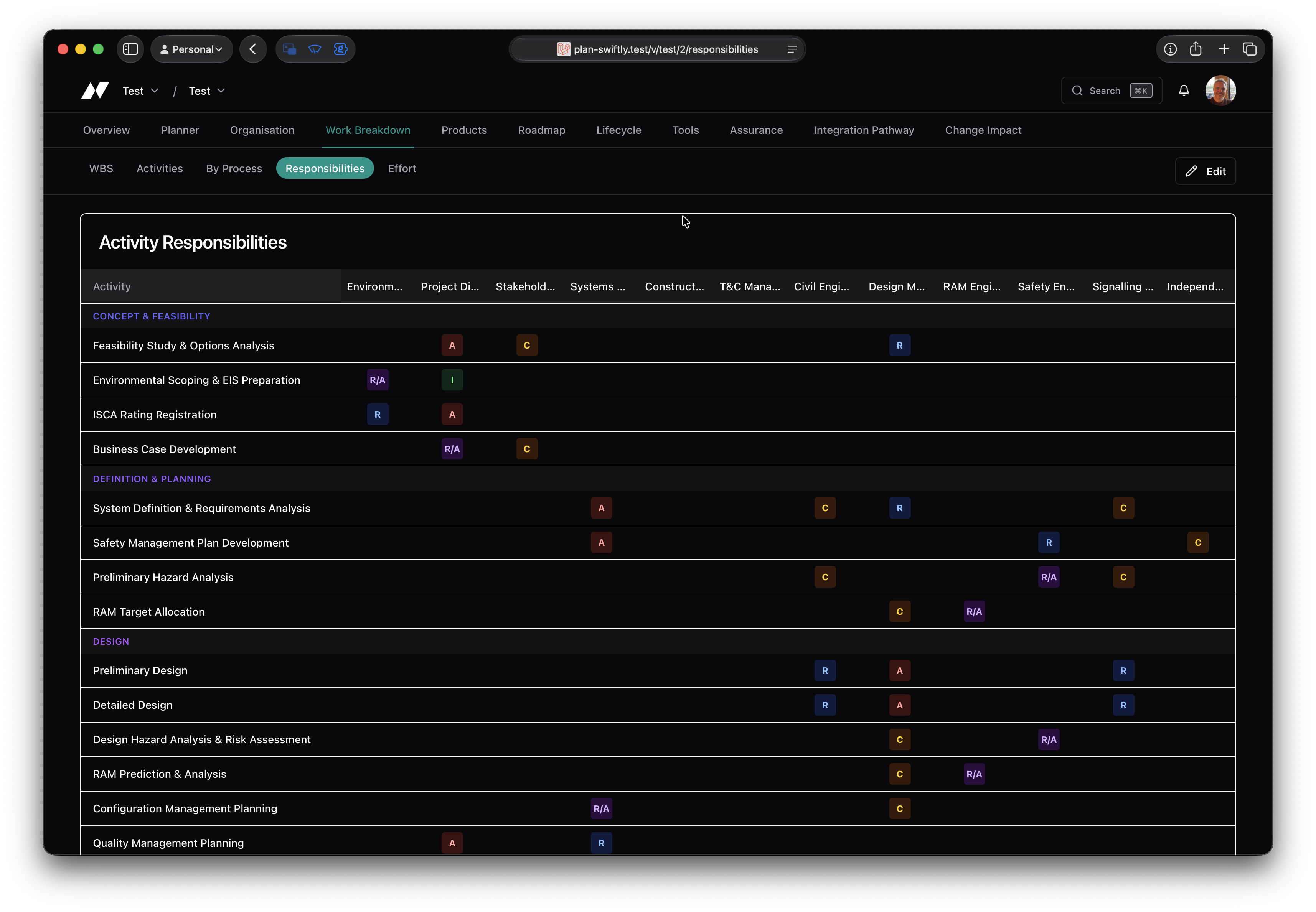 Activity responsibilities RACI matrix